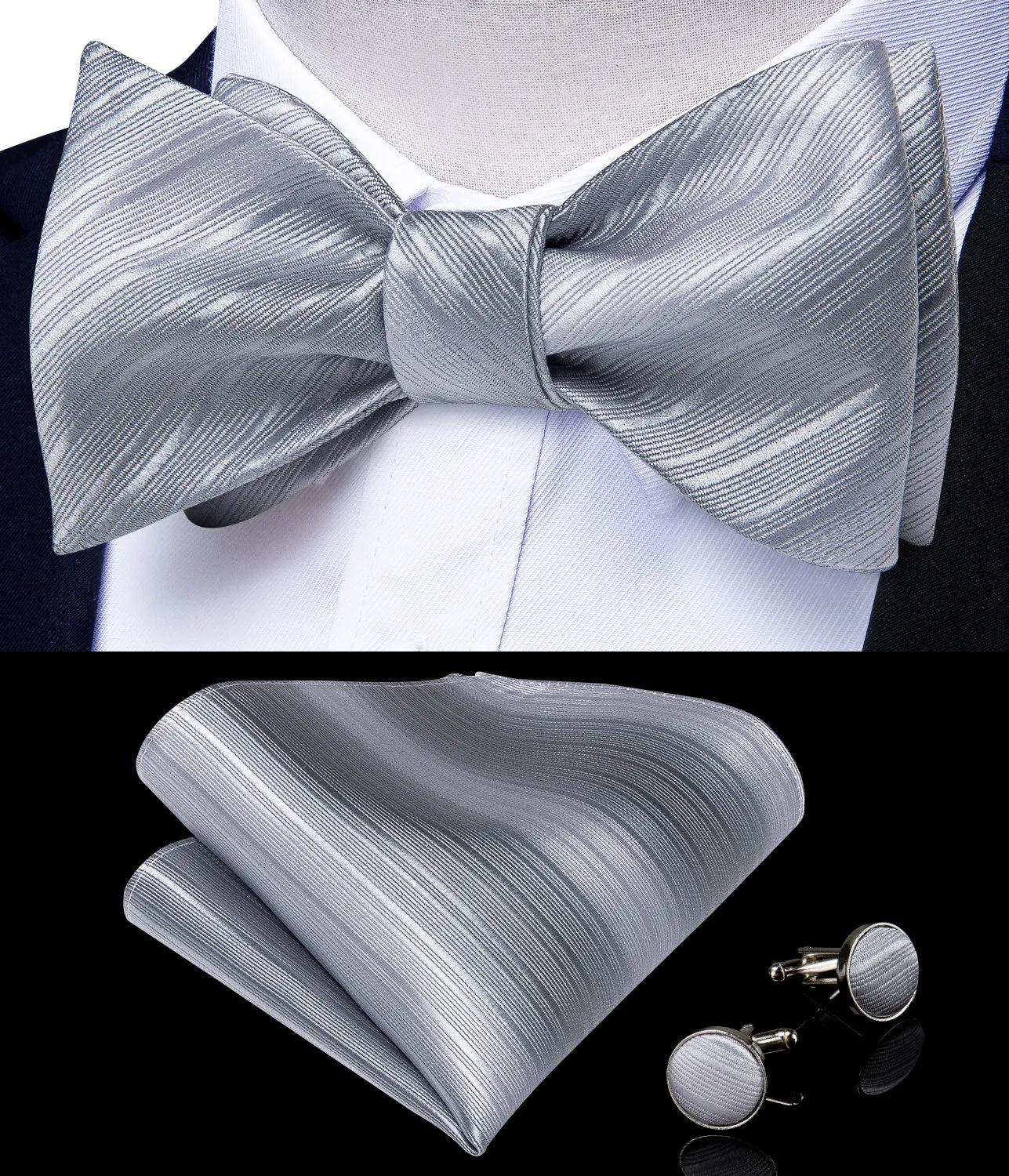 Silver Grey Striped Self-tied Silk Bow Tie Pocket Square Cufflinks Set with Lapel Pin sold by Ties2You product image thumbnail 2