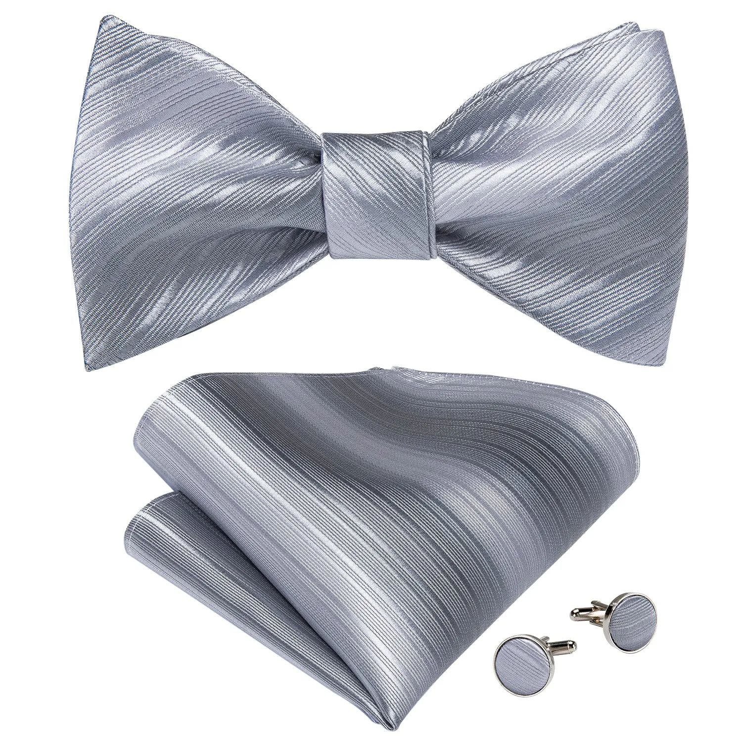 Silver Grey Striped Self-tied Silk Bow Tie Pocket Square Cufflinks Set with Lapel Pin sold by Ties2You product image thumbnail 3