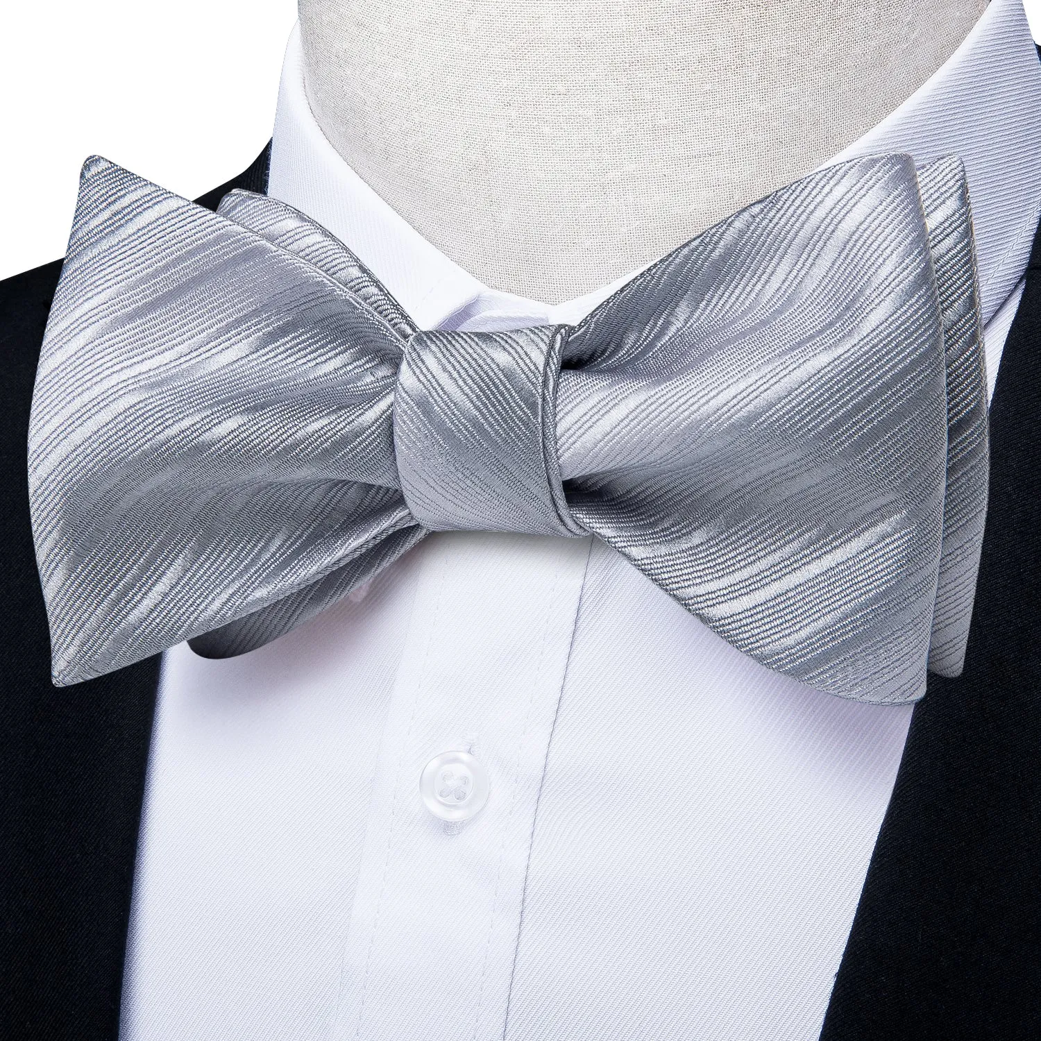 Silver Grey Striped Self-tied Silk Bow Tie Pocket Square Cufflinks Set with Lapel Pin sold by Ties2You product image thumbnail 4