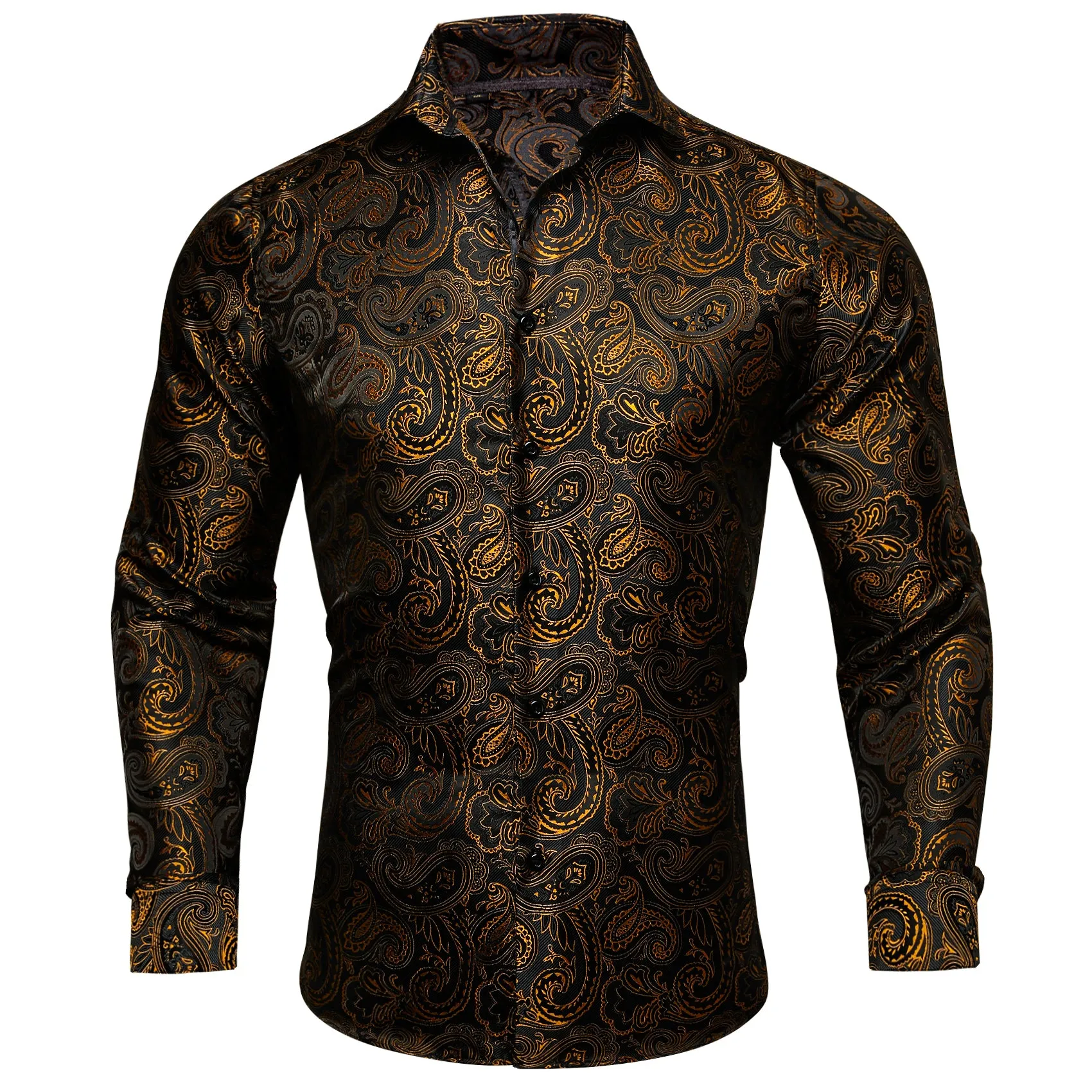 Ties2you Button Down Shirt Black Gold Jacquard Paisley Silk Men's Long Sleeve Shirt sold by Ties2You product image thumbnail 2