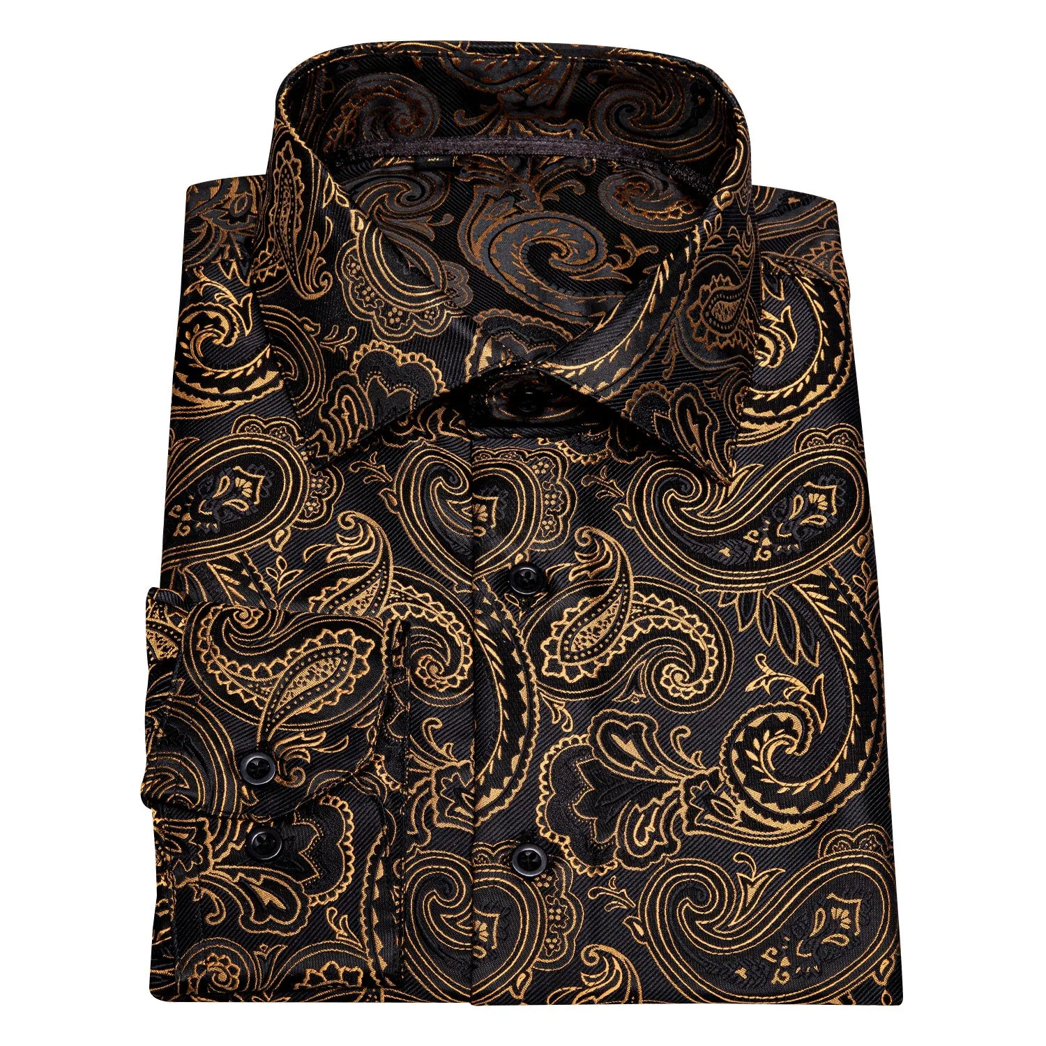 Ties2you Button Down Shirt Black Gold Jacquard Paisley Silk Men's Long Sleeve Shirt sold by Ties2You product image thumbnail 4