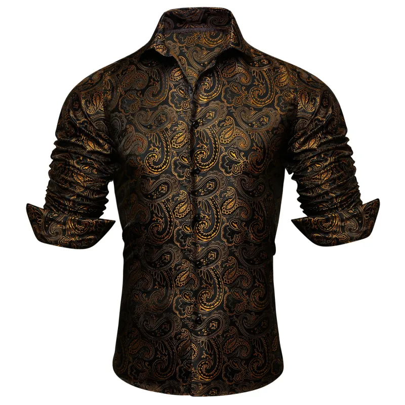 Ties2you Button Down Shirt Black Gold Jacquard Paisley Silk Men's Long Sleeve Shirt sold by Ties2You