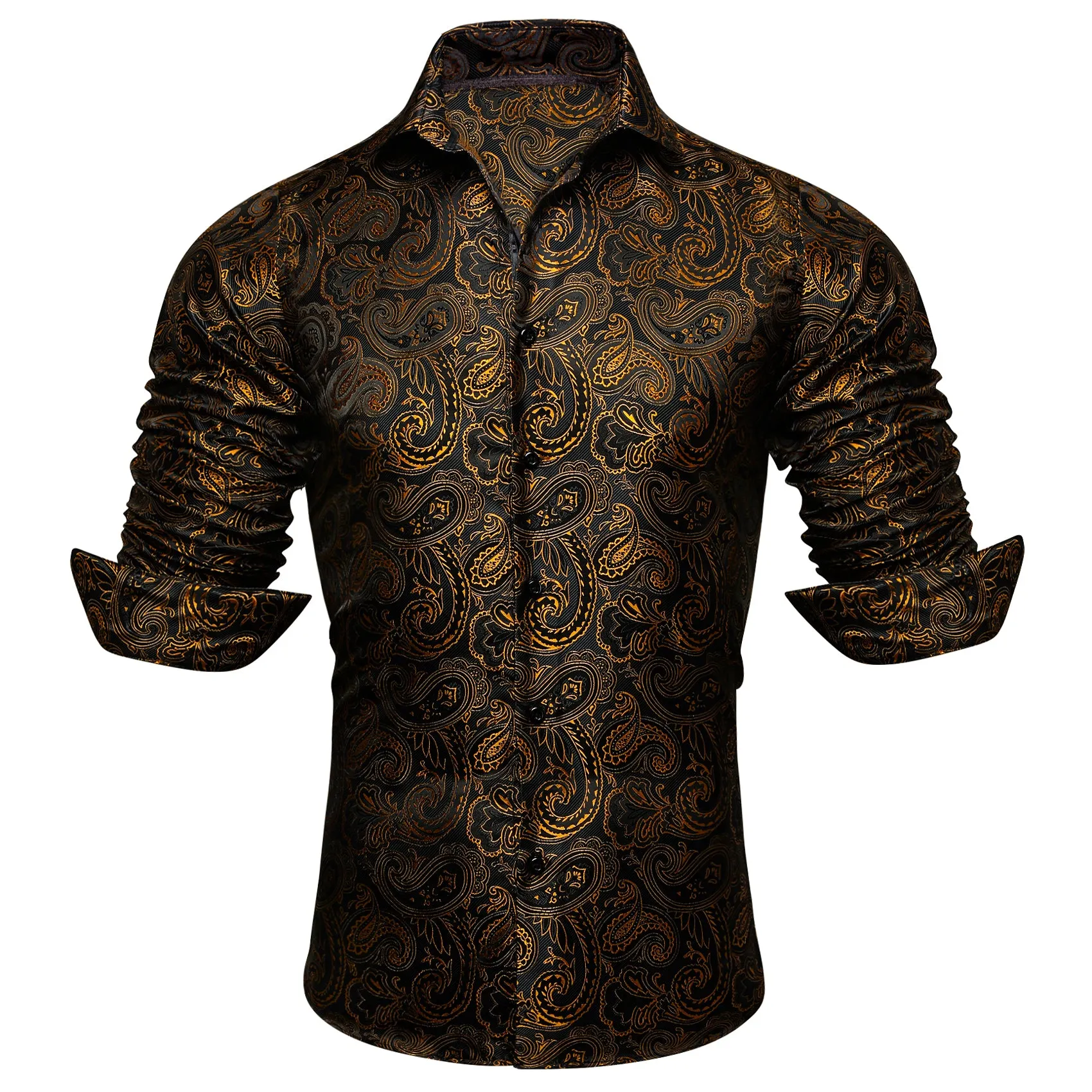 Ties2you Button Down Shirt Black Gold Jacquard Paisley Silk Men's Long Sleeve Shirt sold by Ties2You