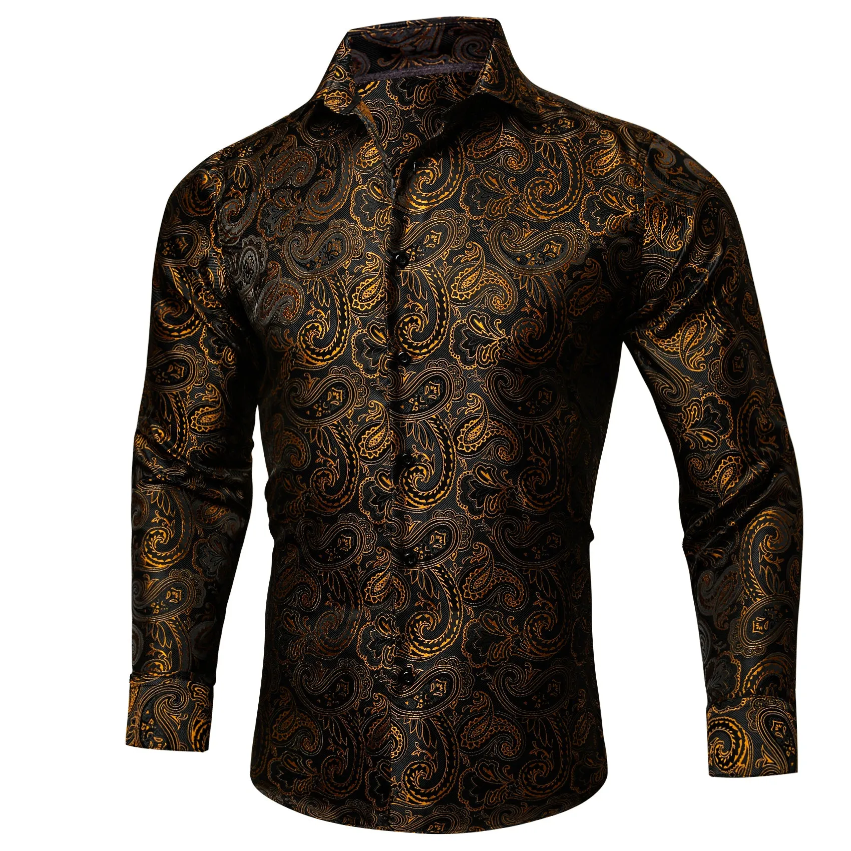 Ties2you Button Down Shirt Black Gold Jacquard Paisley Silk Men's Long Sleeve Shirt sold by Ties2You product image thumbnail 3