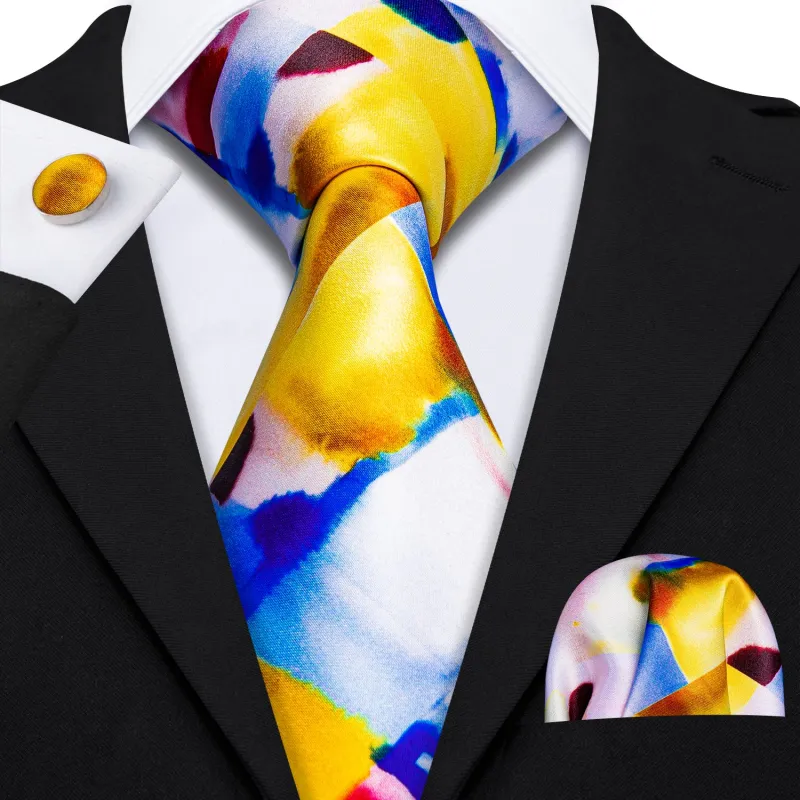 Yellow Blue Novelty Print Men's Necktie Pocket Square Cufflinks Set made by Ties2You