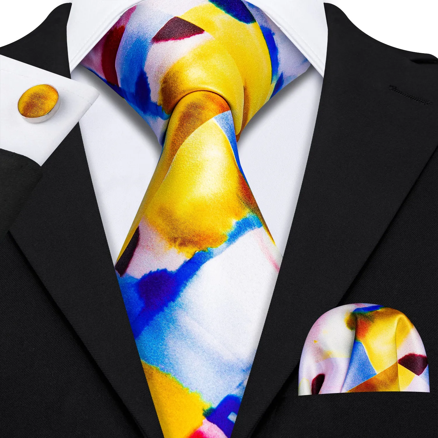 Yellow Blue Novelty Print Men's Necktie Pocket Square Cufflinks Set sold by Ties2You