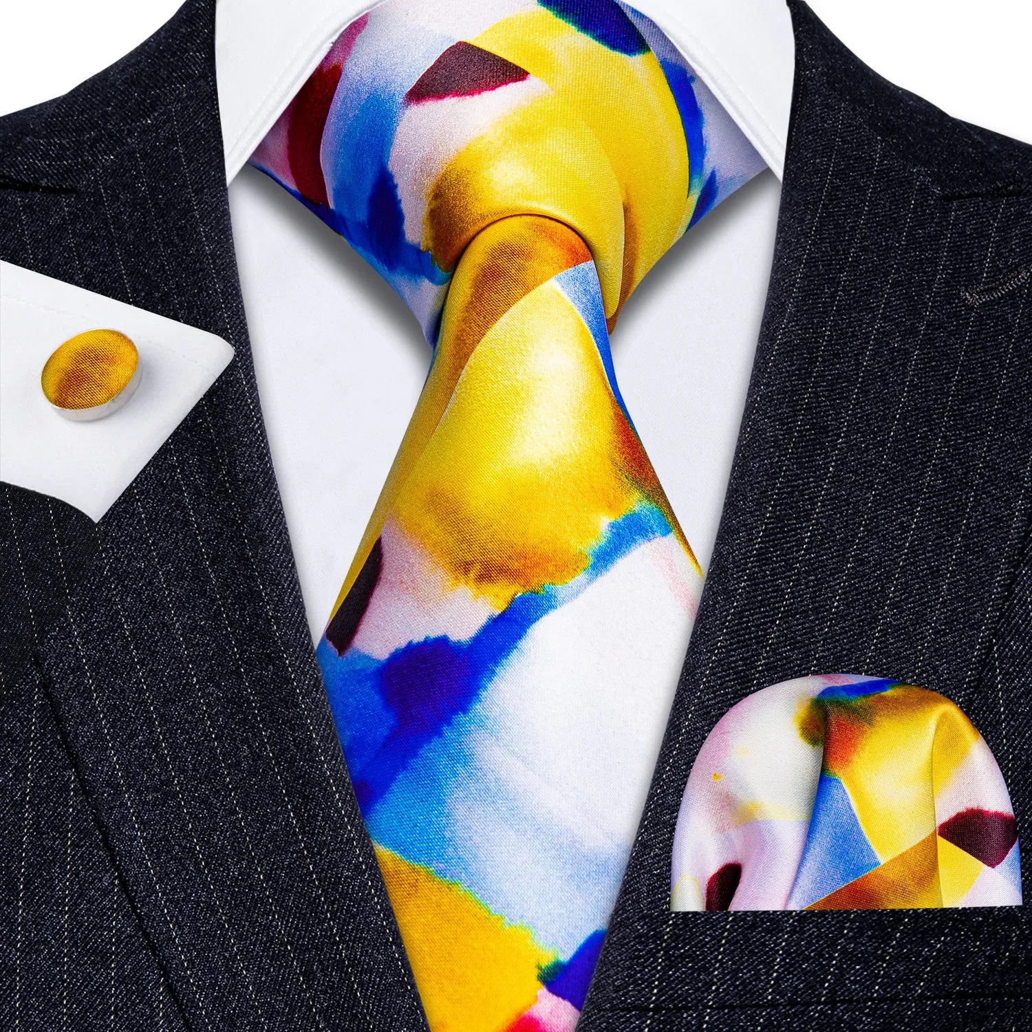 Yellow Blue Novelty Print Men's Necktie Pocket Square Cufflinks Set sold by Ties2You product image thumbnail 4