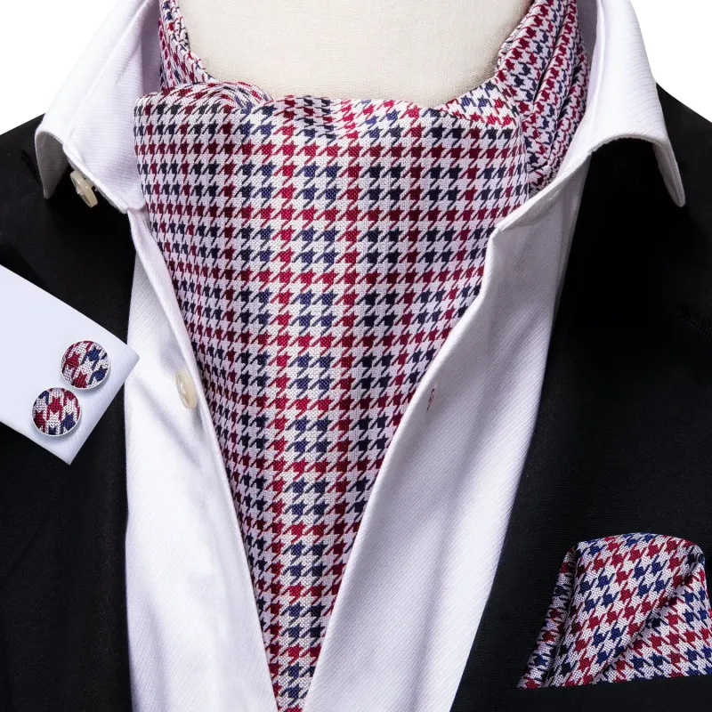 Red Blue Houndstooth Plaid Silk Ascot Cravat Pocket Square Cufflinks Set sold by Ties2You