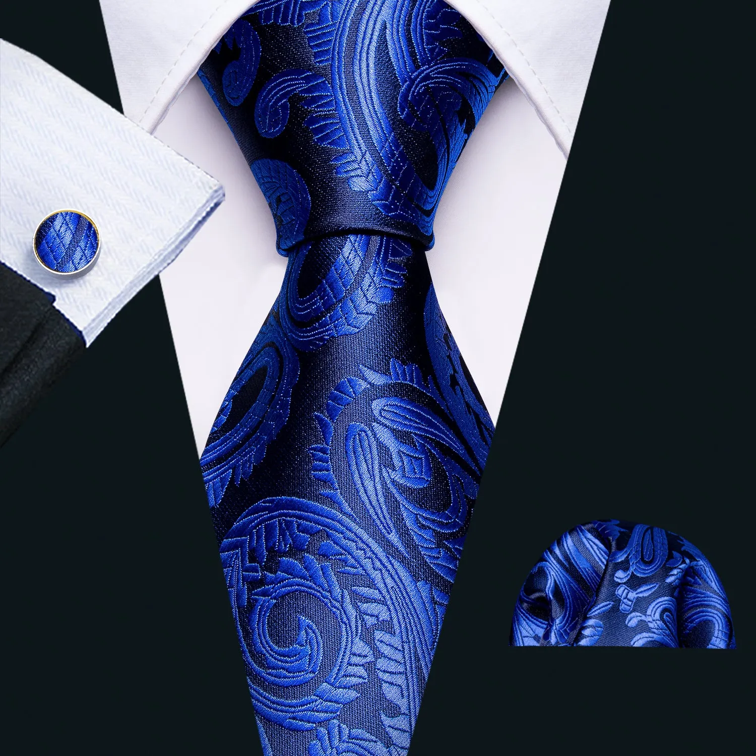 Shining Blue Black Paisley Silk Fabric Tie Hanky Cufflinks Set sold by Ties2You