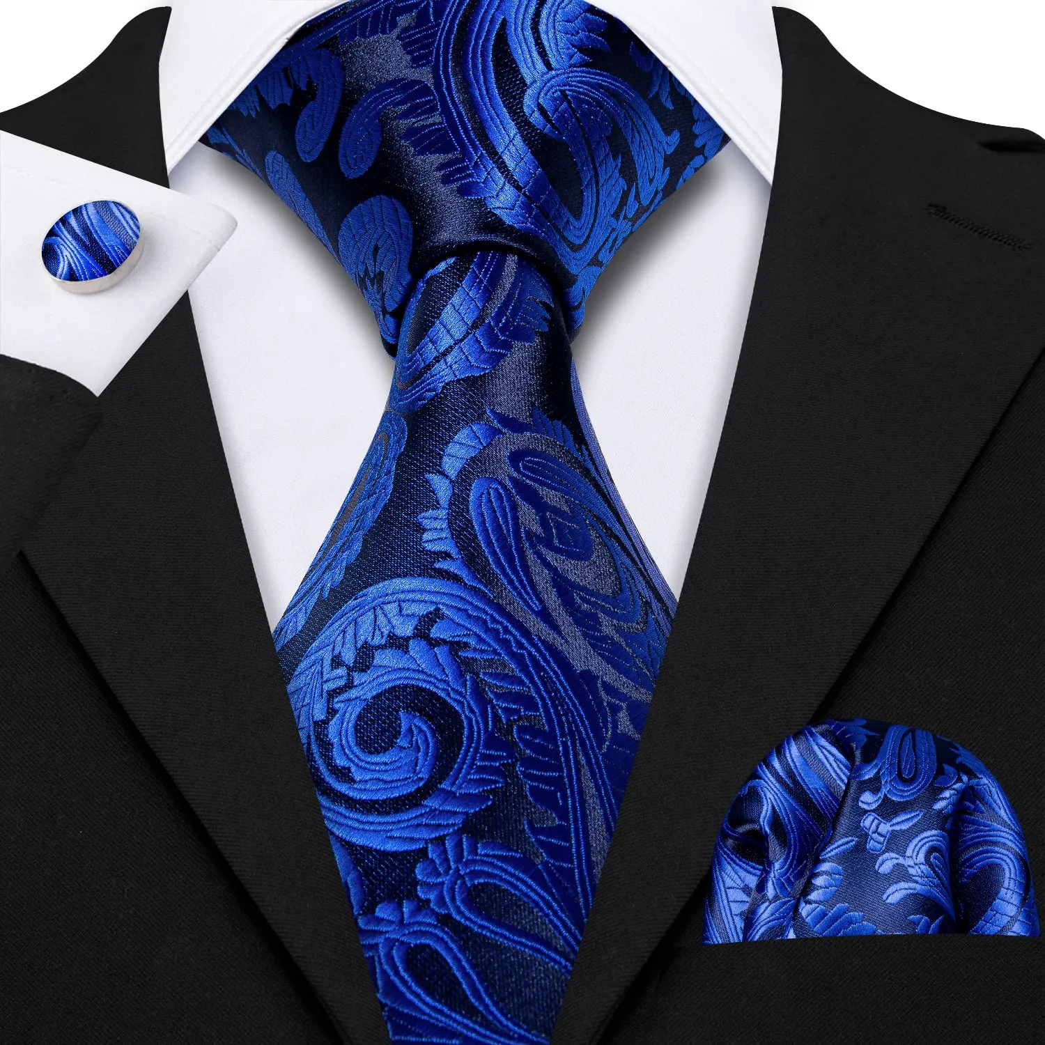 Shining Blue Black Paisley Silk Fabric Tie Hanky Cufflinks Set sold by Ties2You product image thumbnail 5