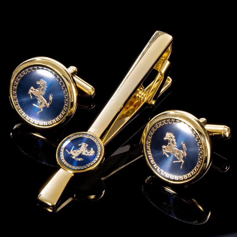 Ties2you Men's Tie Accessories Luxury Blue Center Horse Golden Tie Clip Cufflinks Set sold by Ties2You