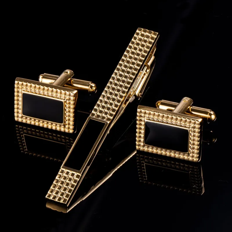 Ties2you Black Center Square Golden Tie Clip Cufflinks Set sold by Ties2You