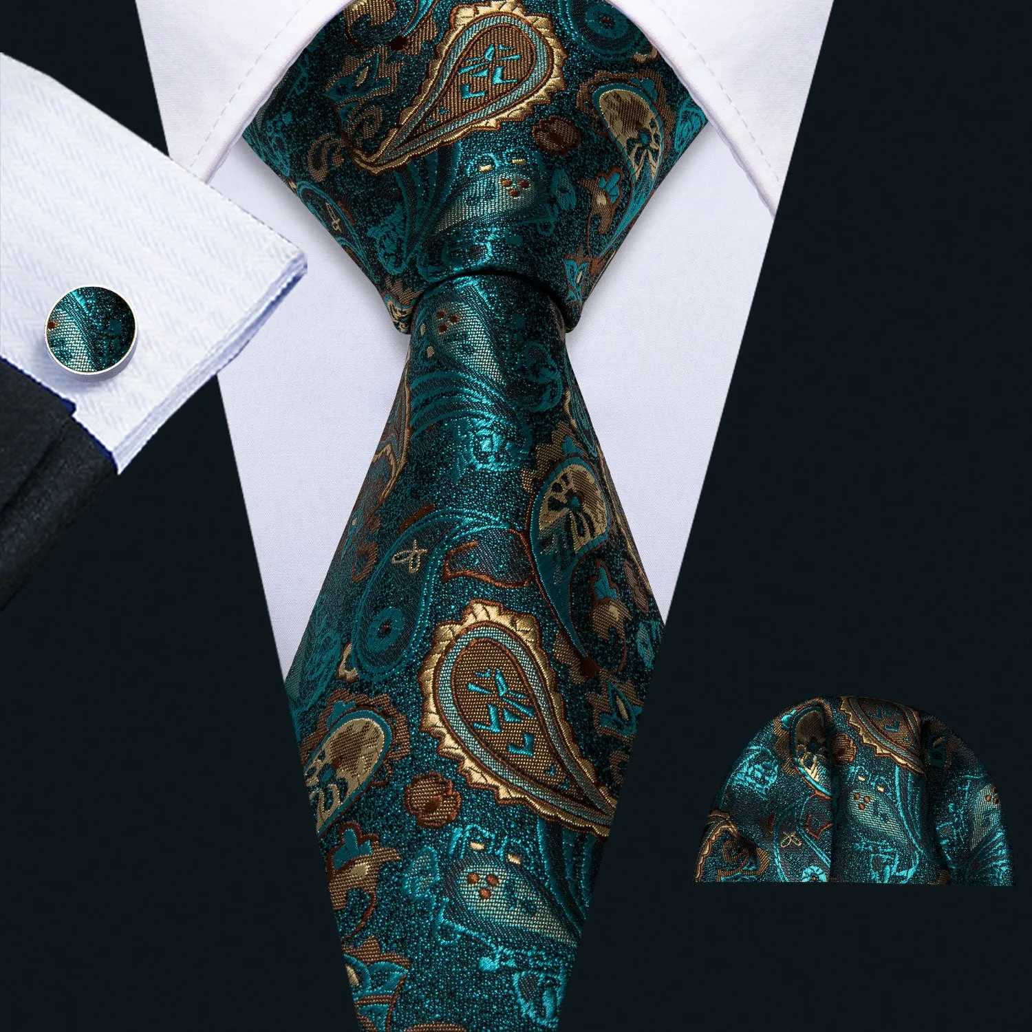 Shinning Green Paisley Men's Tie Handkerchief Cufflinks Set sold by Ties2You