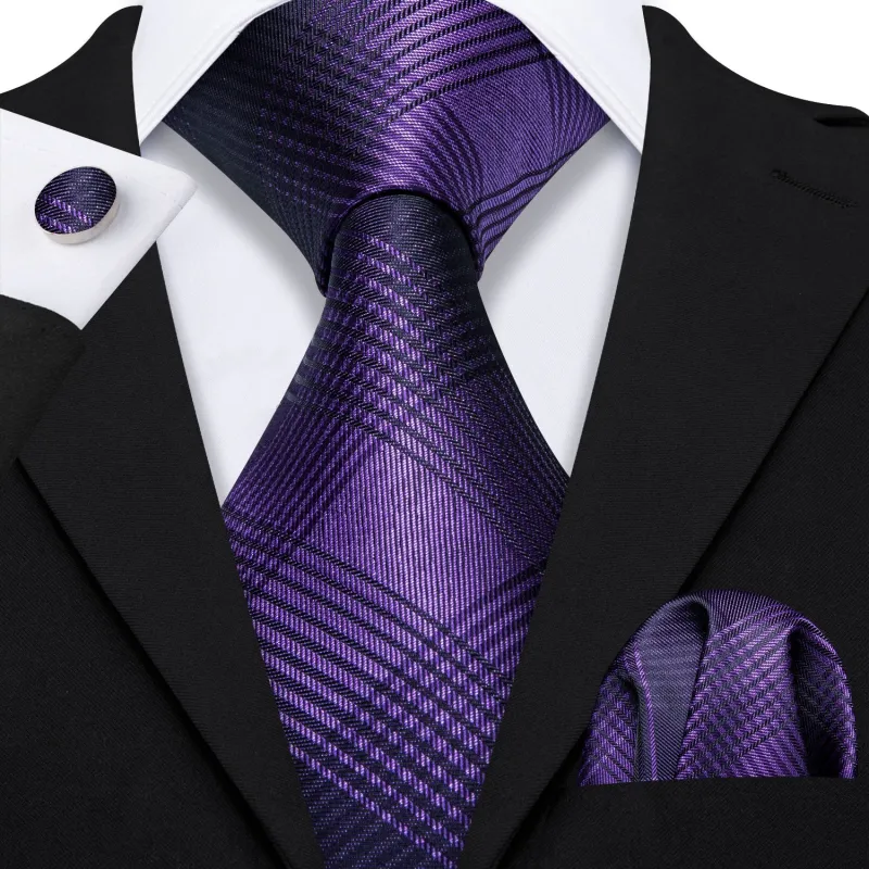 Shining Purple Plaid Men's Tie Handkerchief Cufflinks Set sold by Ties2You