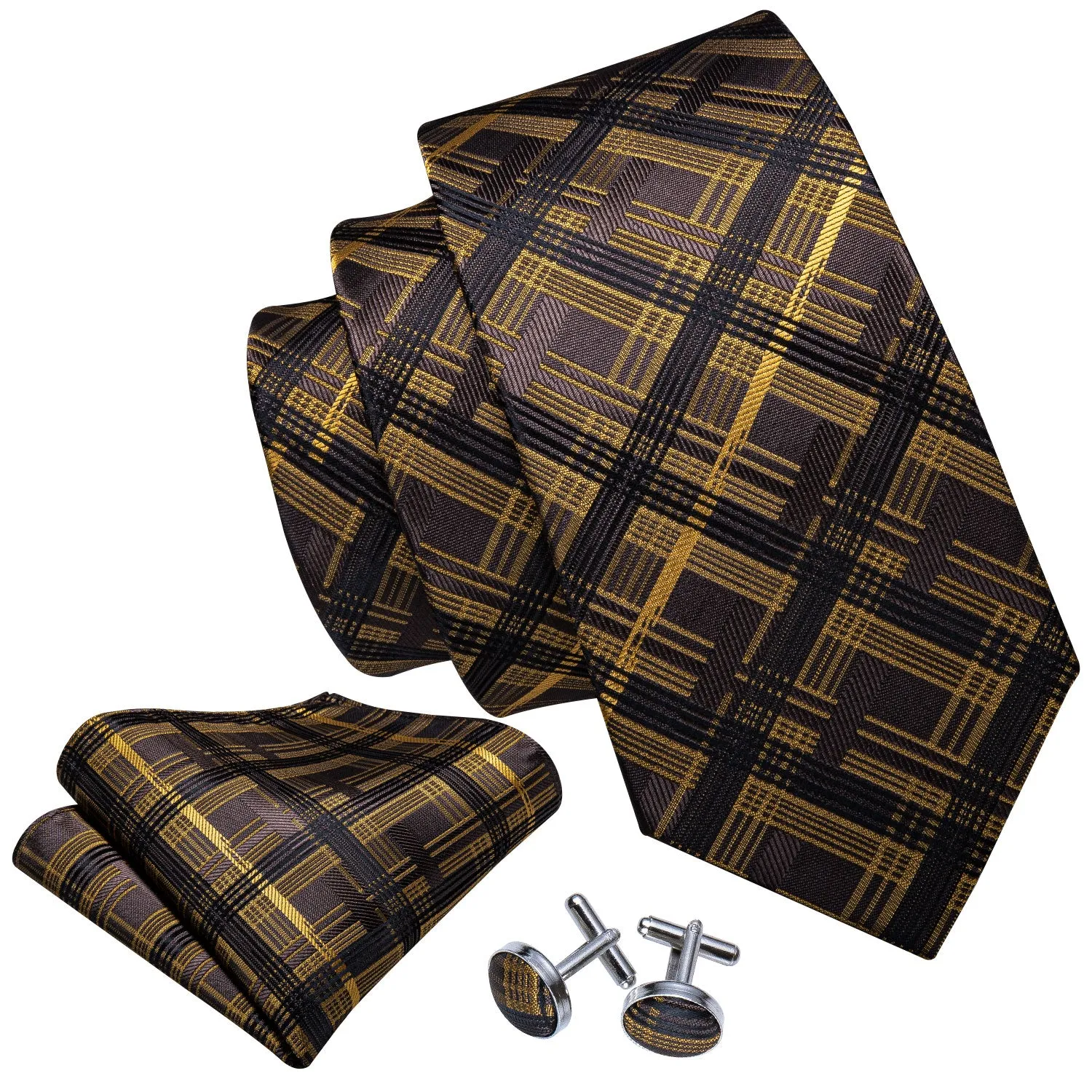 Brown Black Plaid Men's Tie Handkerchief Cufflinks Set sold by Ties2You product image thumbnail 4