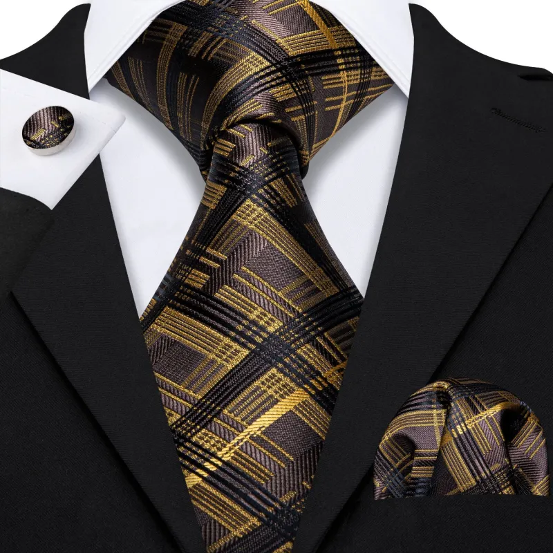 Brown Black Plaid Men's Tie Handkerchief Cufflinks Set sold by Ties2You