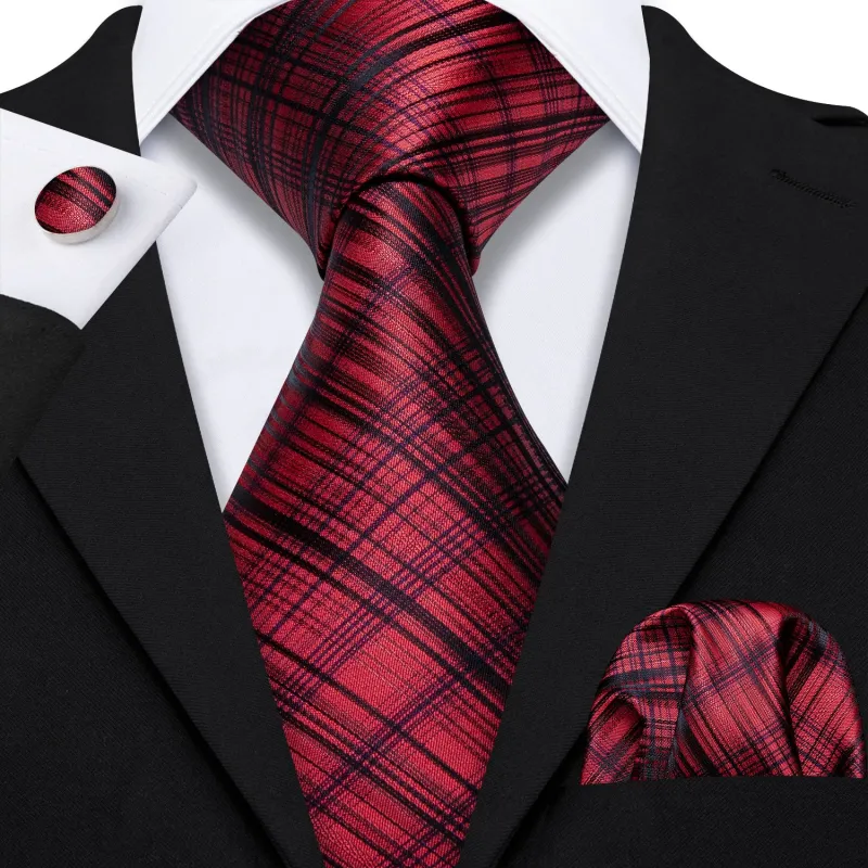 Red Black Plaid Men's Tie Handkerchief Cufflinks Set sold by Ties2You