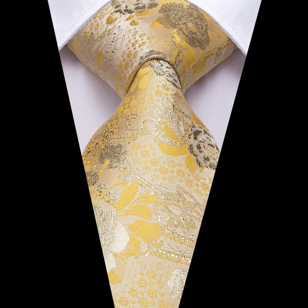 Silver Light Yellow Floral Men's Necktie Pocket Square Cufflinks Set sold by Ties2You product image thumbnail 2