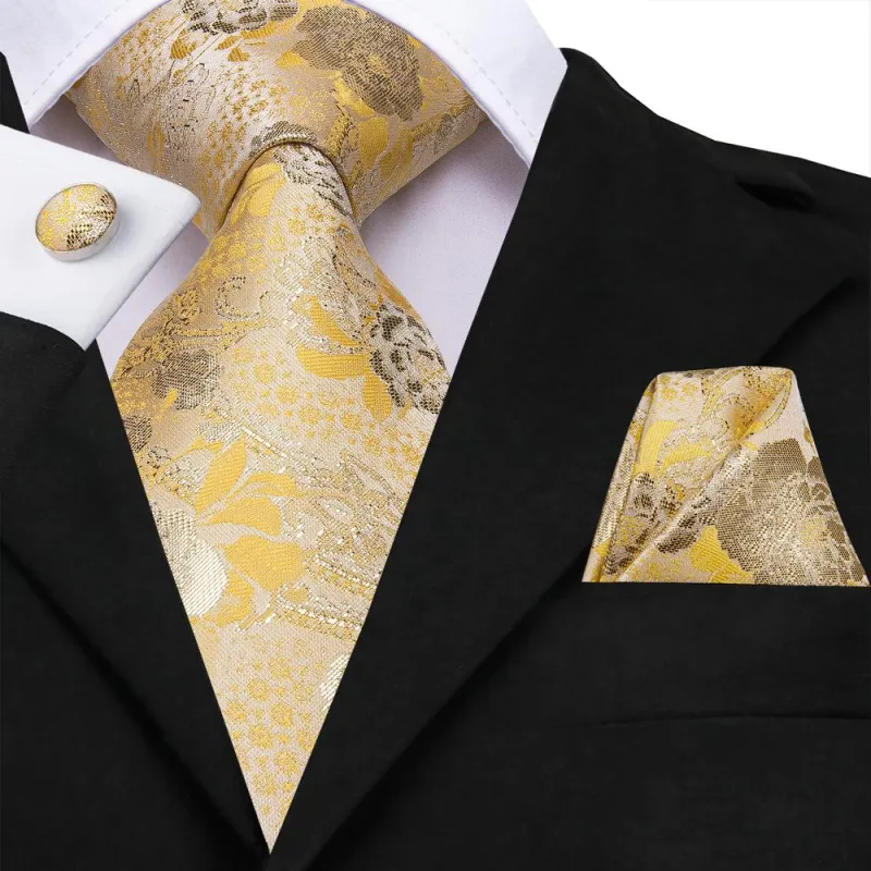 Silver Light Yellow Floral Men's Necktie Pocket Square Cufflinks Set sold by Ties2You