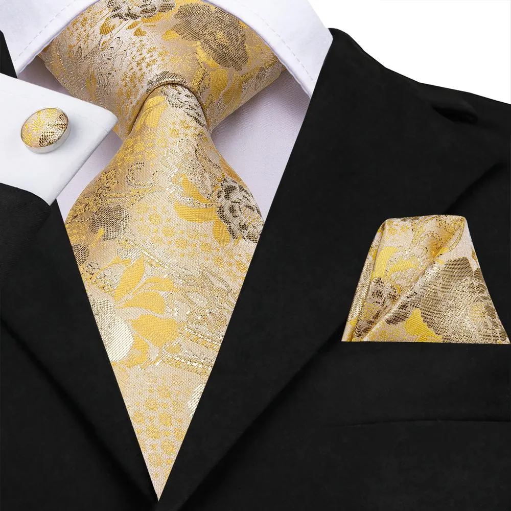 Silver Light Yellow Floral Men's Necktie Pocket Square Cufflinks Set sold by Ties2You