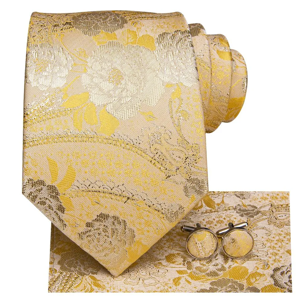 Silver Light Yellow Floral Men's Necktie Pocket Square Cufflinks Set sold by Ties2You product image thumbnail 3