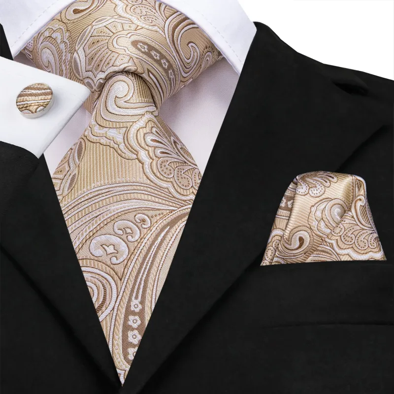 Silver Khaki Paisley Men's Necktie Pocket Square Cufflinks Set sold by Ties2You