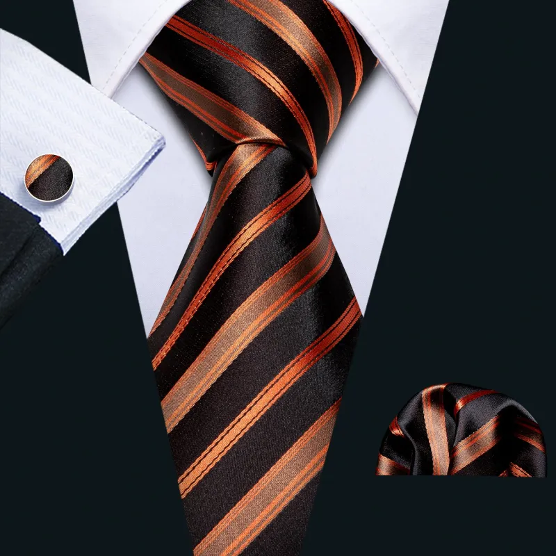 Black Orange Striped Men's Tie Handkerchief Cufflinks Set sold by Ties2You