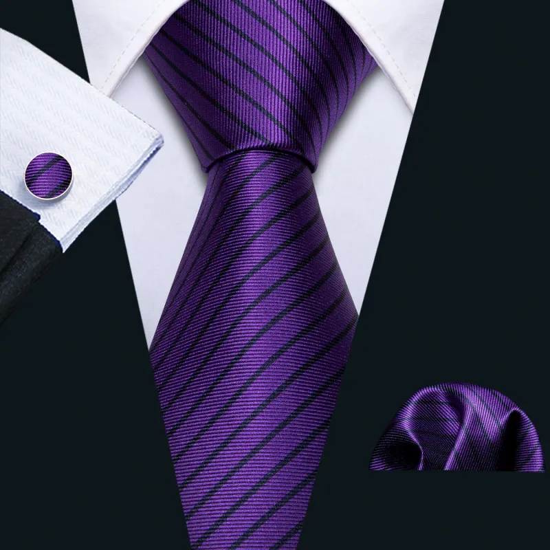 Deep Purple Striped Men's Tie Handkerchief Cufflinks Set sold by Ties2You