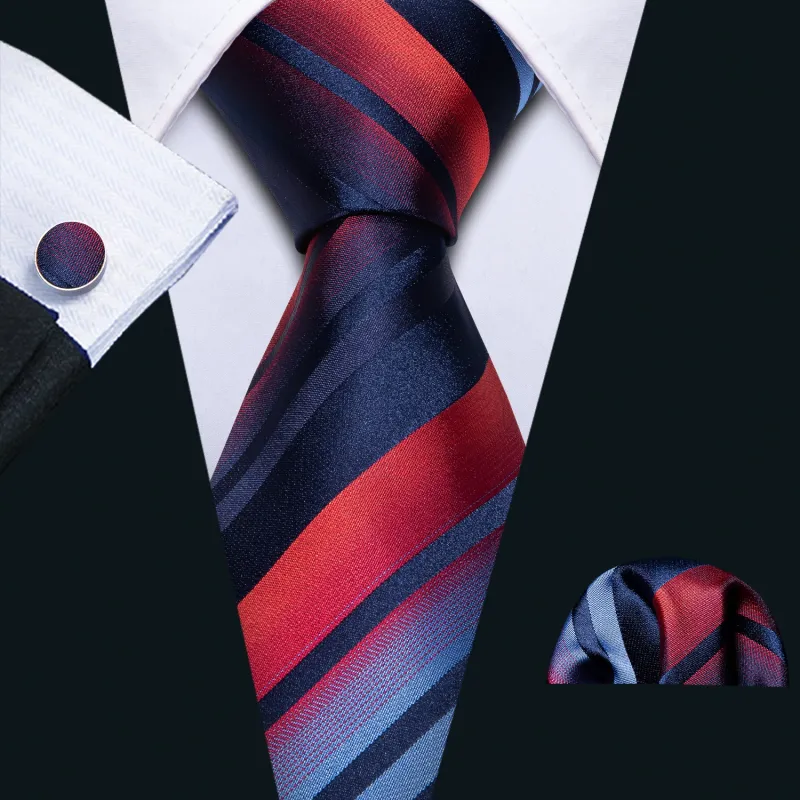 Fashion Blue Red Gradual Color Striped Men's Tie Handkerchief Cufflinks Set sold by Ties2You