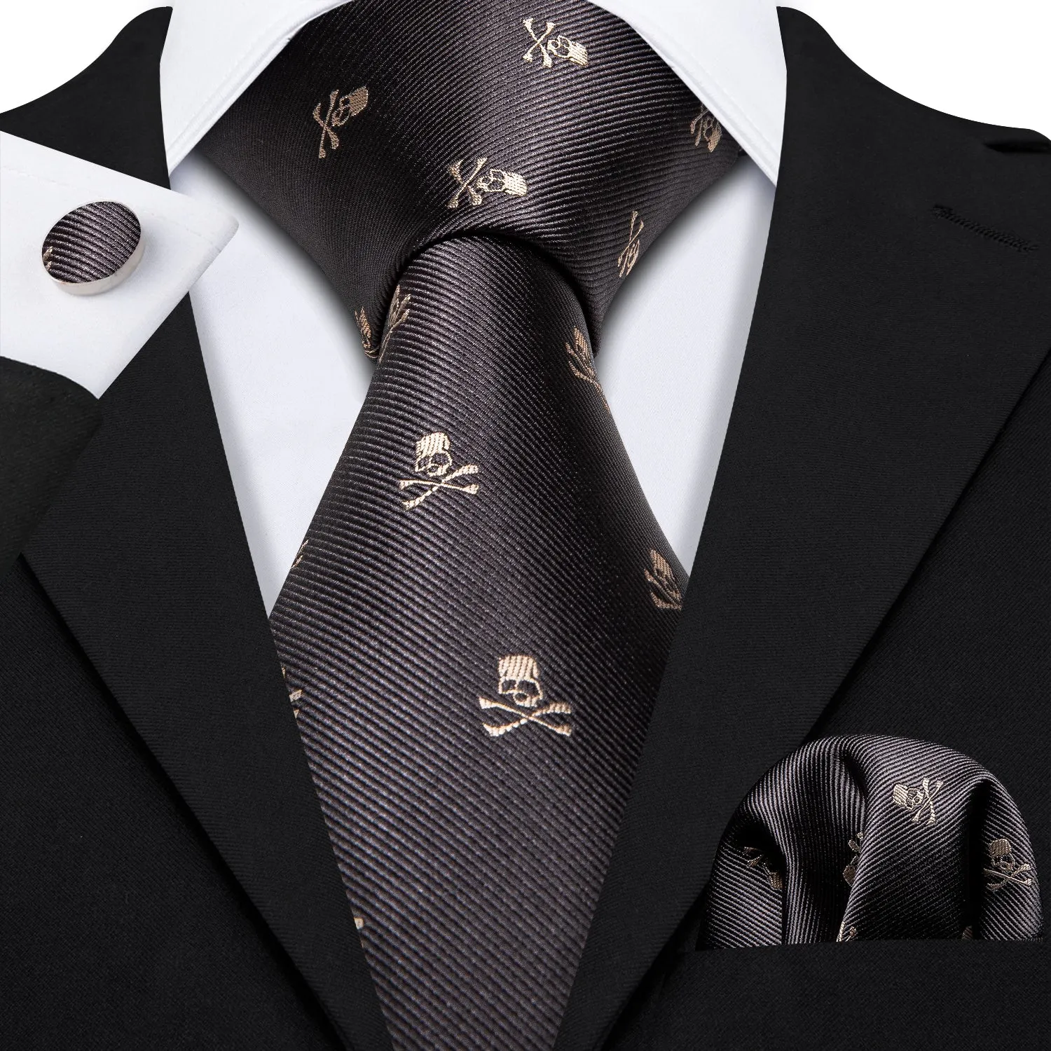 Ties2you Silk Tie Novelty Black Brown Skull Men's Tie Handkerchief Cufflinks Set sold by Ties2You