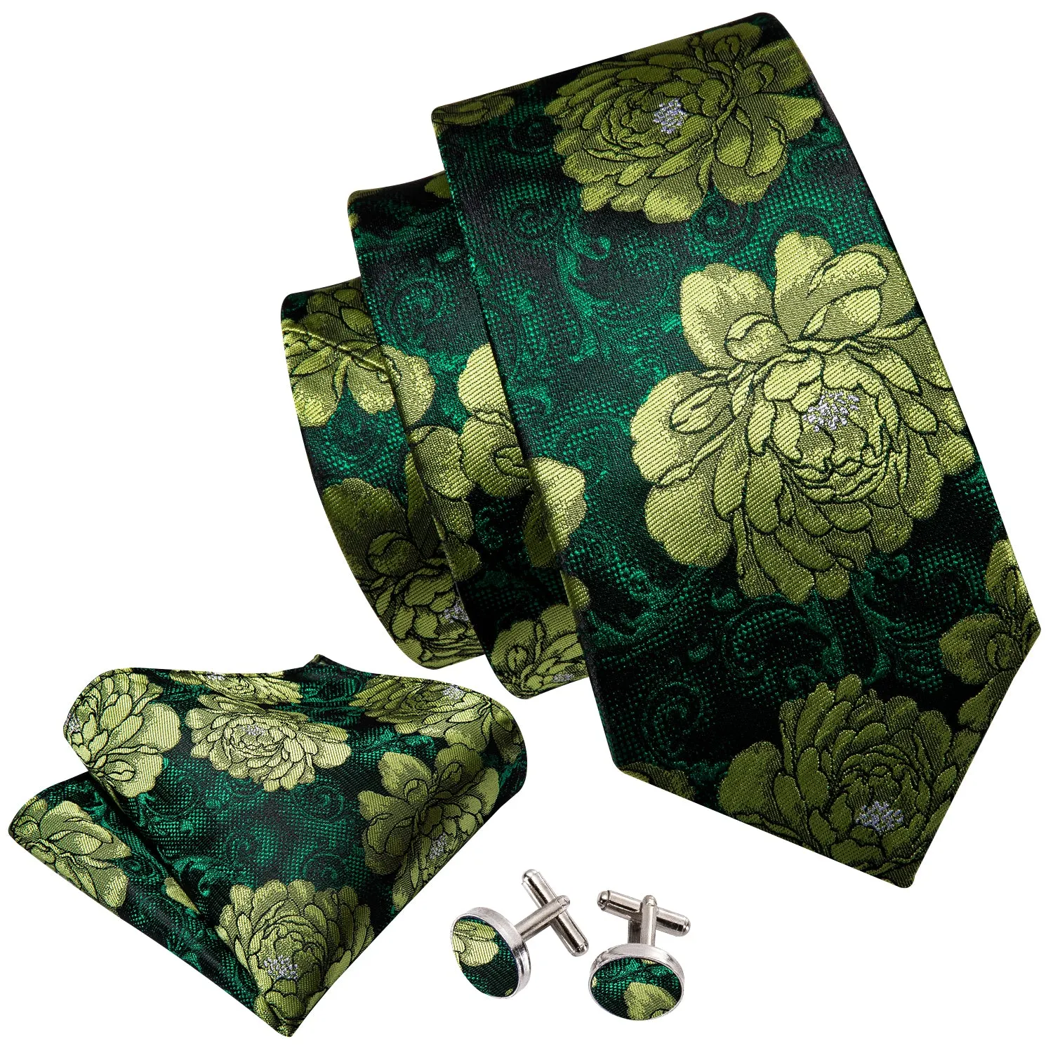 Dark Green Peony Floral Men's Tie Handkerchief Cufflinks Set sold by Ties2You product image thumbnail 5