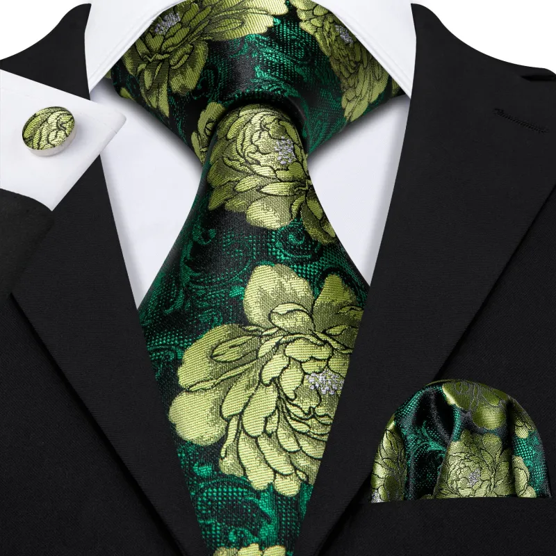 Dark Green Peony Floral Men's Tie Handkerchief Cufflinks Set sold by Ties2You