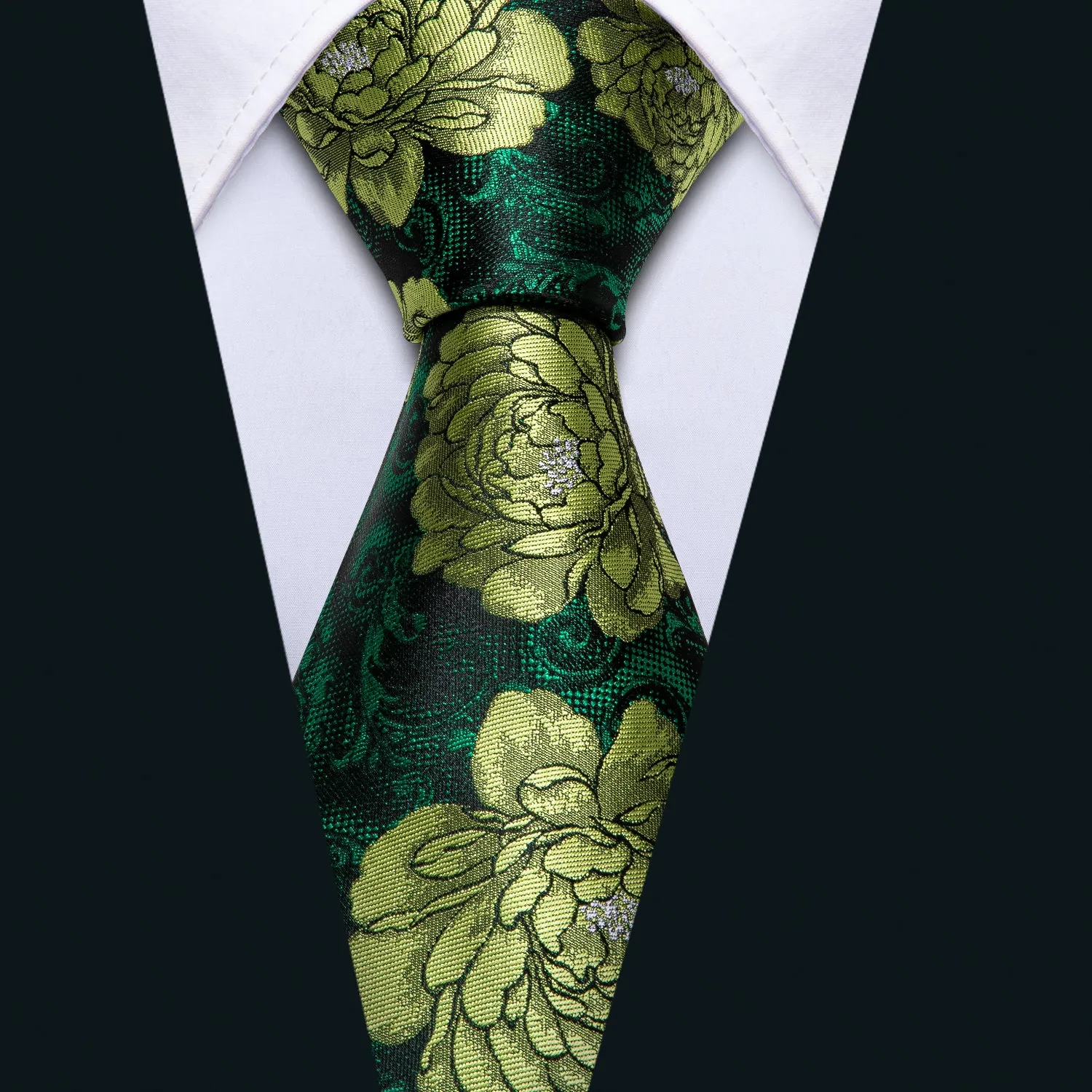 Dark Green Peony Floral Men's Tie Handkerchief Cufflinks Set sold by Ties2You product image thumbnail 4