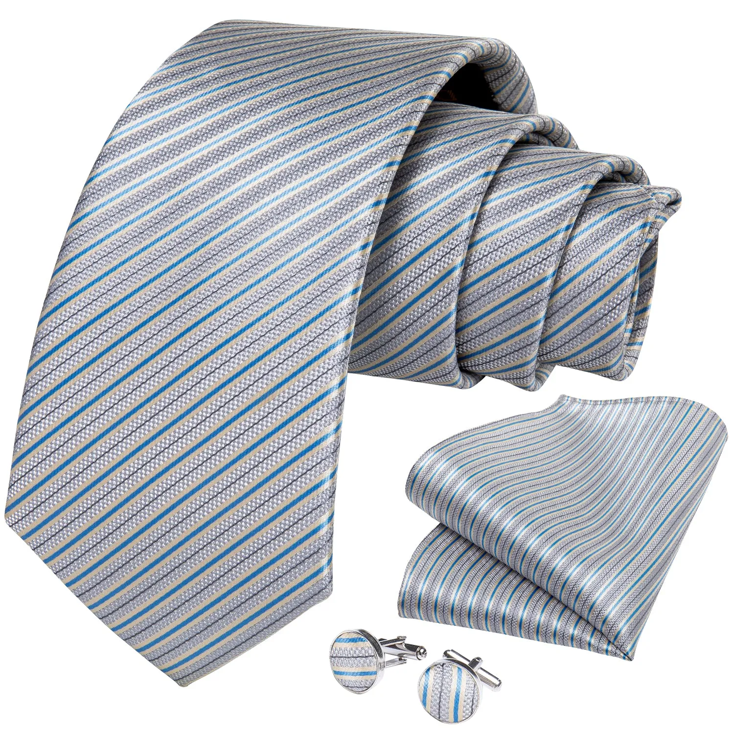 Blue White Striped Silk Fabric Men's Tie Hanky Cufflinks Set with Lapel Pin sold by Ties2You product image thumbnail 2