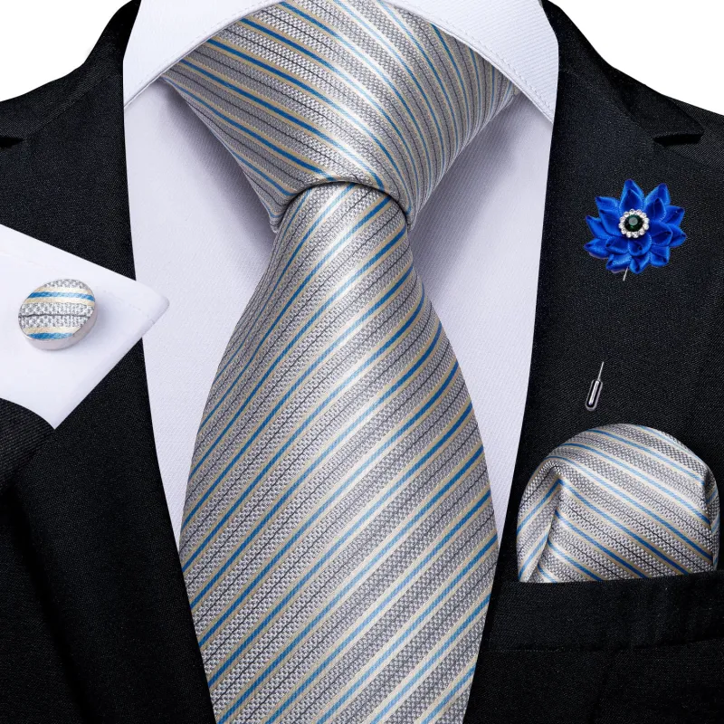 Blue White Striped Silk Fabric Men's Tie Hanky Cufflinks Set with Lapel Pin sold by Ties2You