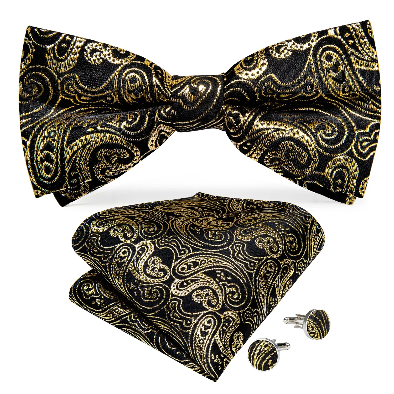 Ties2you Black Bow Tie Silk Golden Paisley Men's Pre-Tied Bow tie Pocket Square Cufflinks Set sold by Ties2You product image thumbnail 3