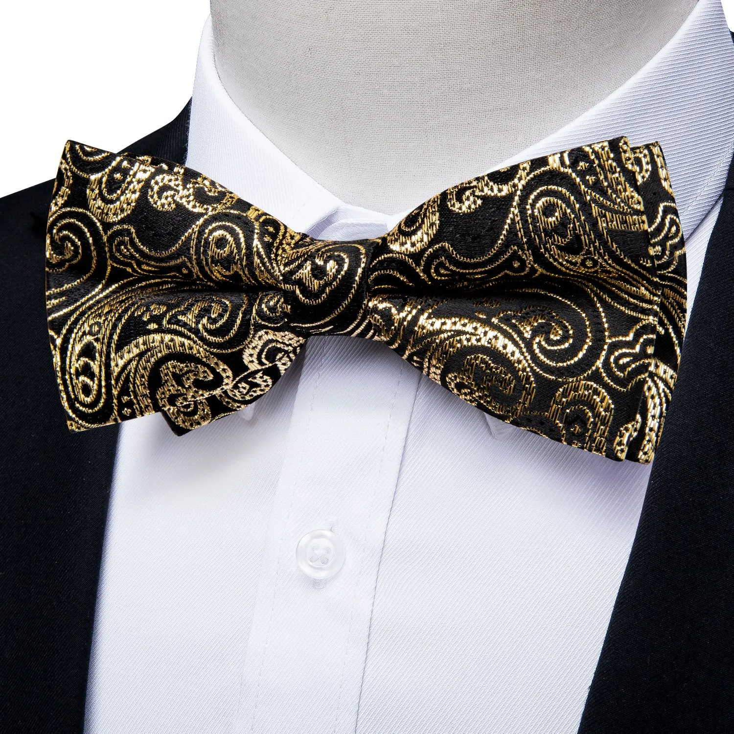Ties2you Black Bow Tie Silk Golden Paisley Men's Pre-Tied Bow tie Pocket Square Cufflinks Set sold by Ties2You product image thumbnail 2