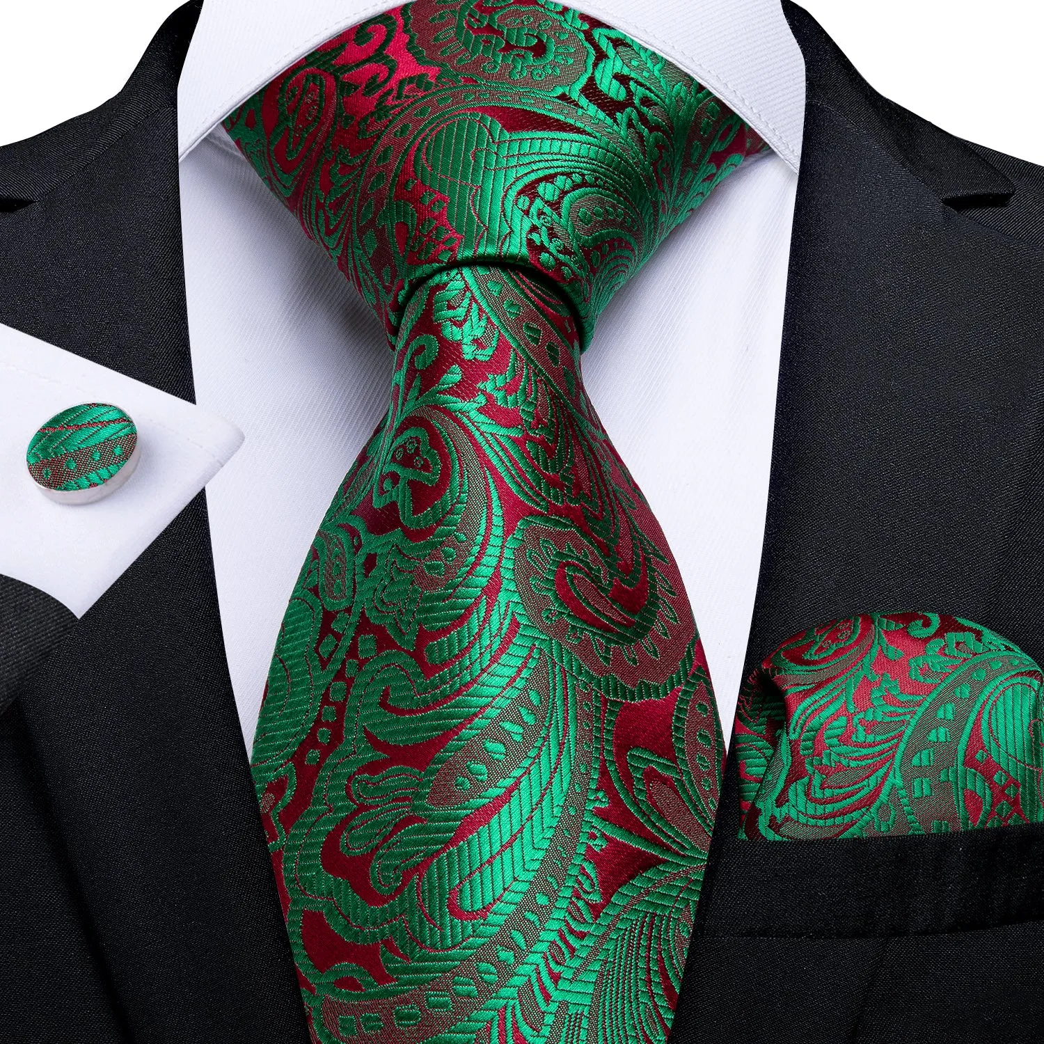 Ties2you Floral Tie Shiny Sage Green Red Paisley Tie Pocket Square Cufflinks Set sold by Ties2You