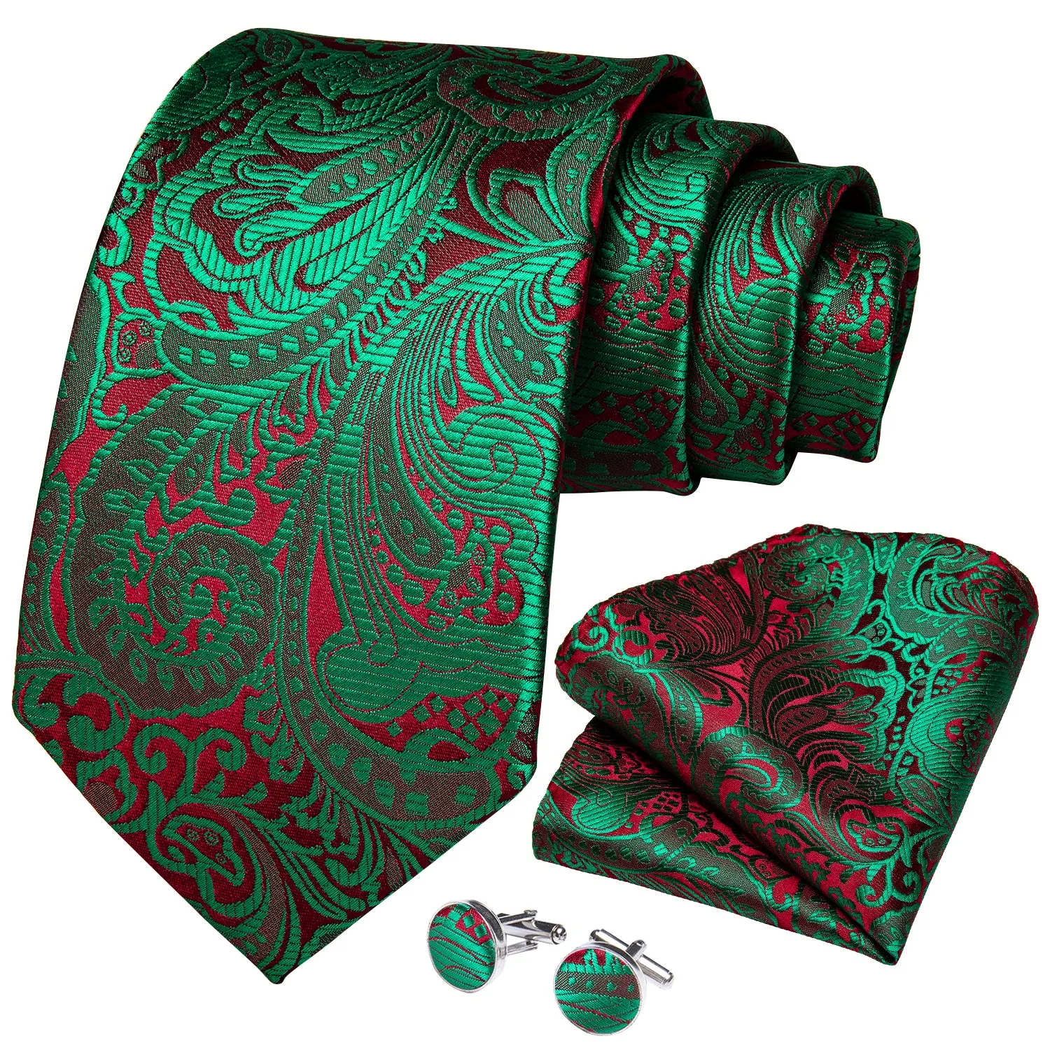 Ties2you Floral Tie Shiny Sage Green Red Paisley Tie Pocket Square Cufflinks Set sold by Ties2You product image thumbnail 2