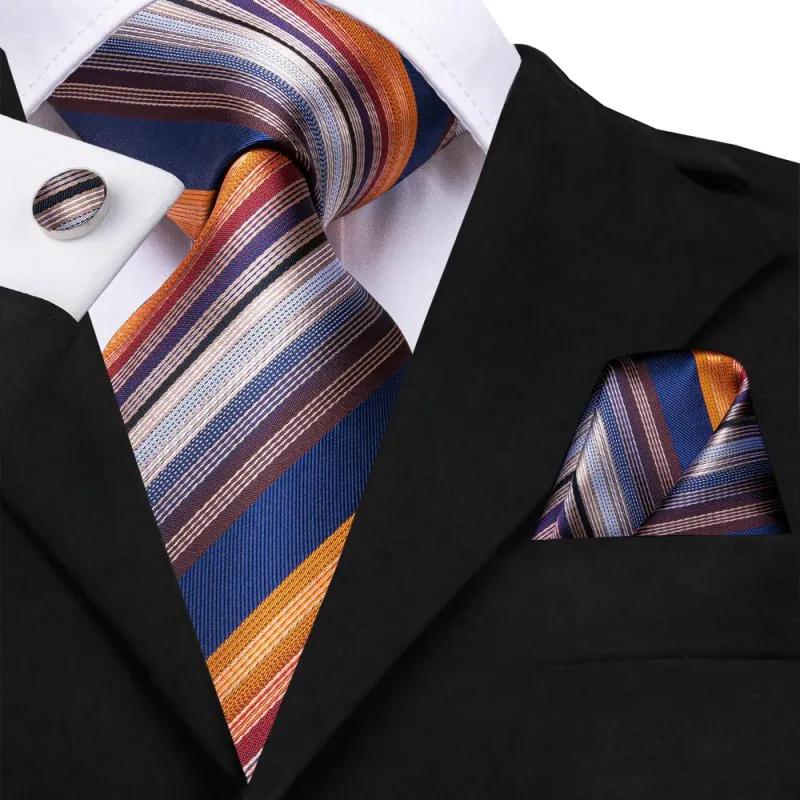 Orange Blue Colorful Striped Men's Necktie Pocket Square Cufflinks Set sold by Ties2You