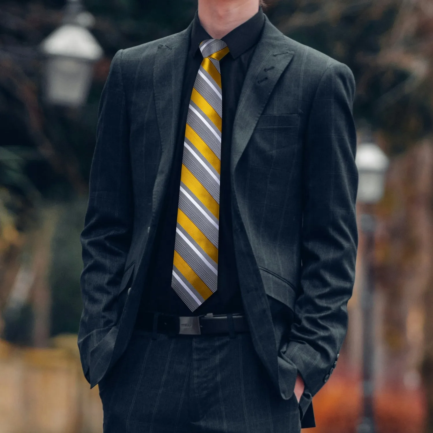 Ties2you Gold Striped Tie Mens Business Silk Necktie Pocket Square Cufflinks Set sold by Ties2You product image thumbnail 2