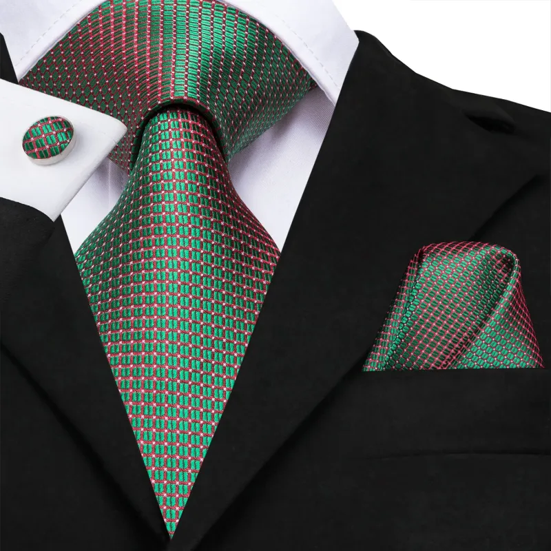 Ties2you Emerald Green Plaid Tie Mens Silk Suit Necktie Hankercheif Cufflinks Set sold by Ties2You