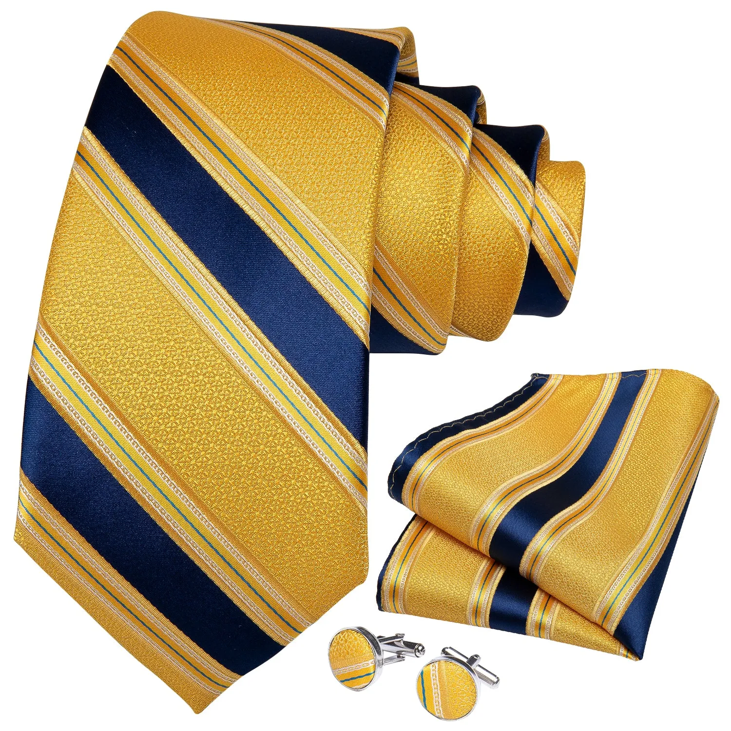 Ties2you Striped Tie Light Yellow Blue Men's Necktie Pocket Square Cufflinks Set sold by Ties2You product image thumbnail 2
