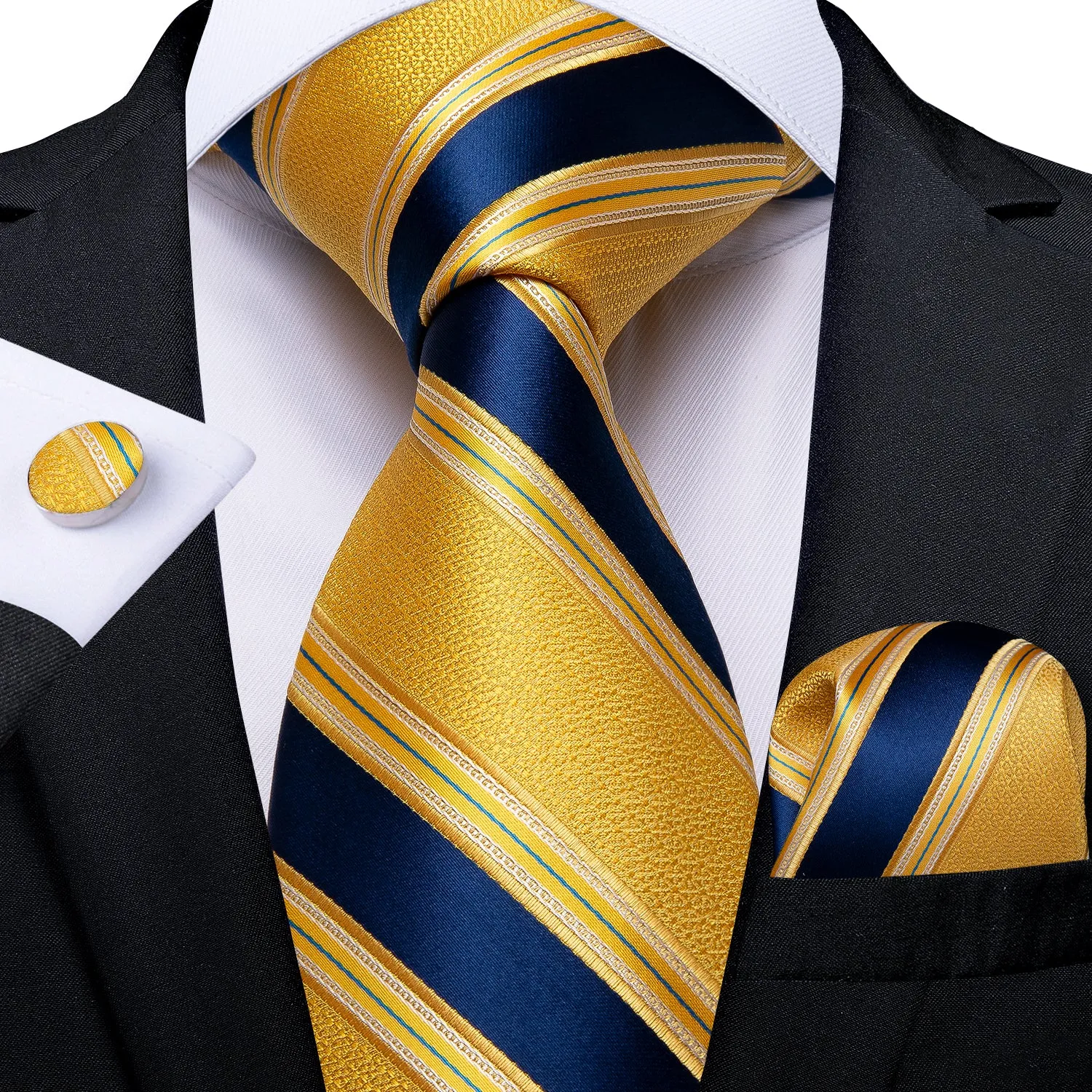 Ties2you Striped Tie Light Yellow Blue Men's Necktie Pocket Square Cufflinks Set sold by Ties2You