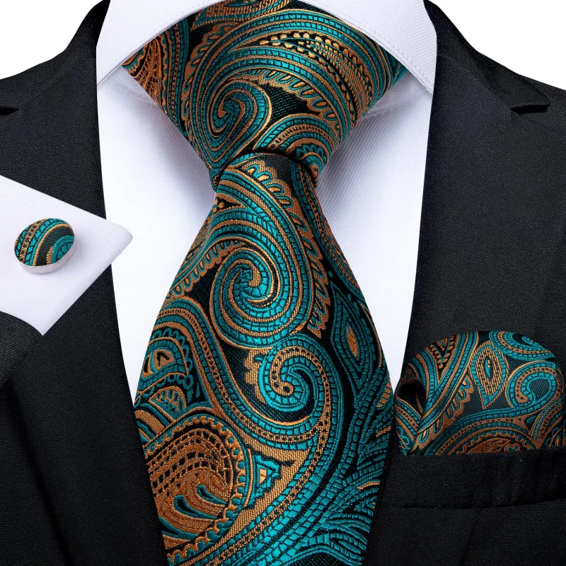 Dark Green Paisley Men's Necktie Pocket Square Cufflinks Set sold by Ties2You