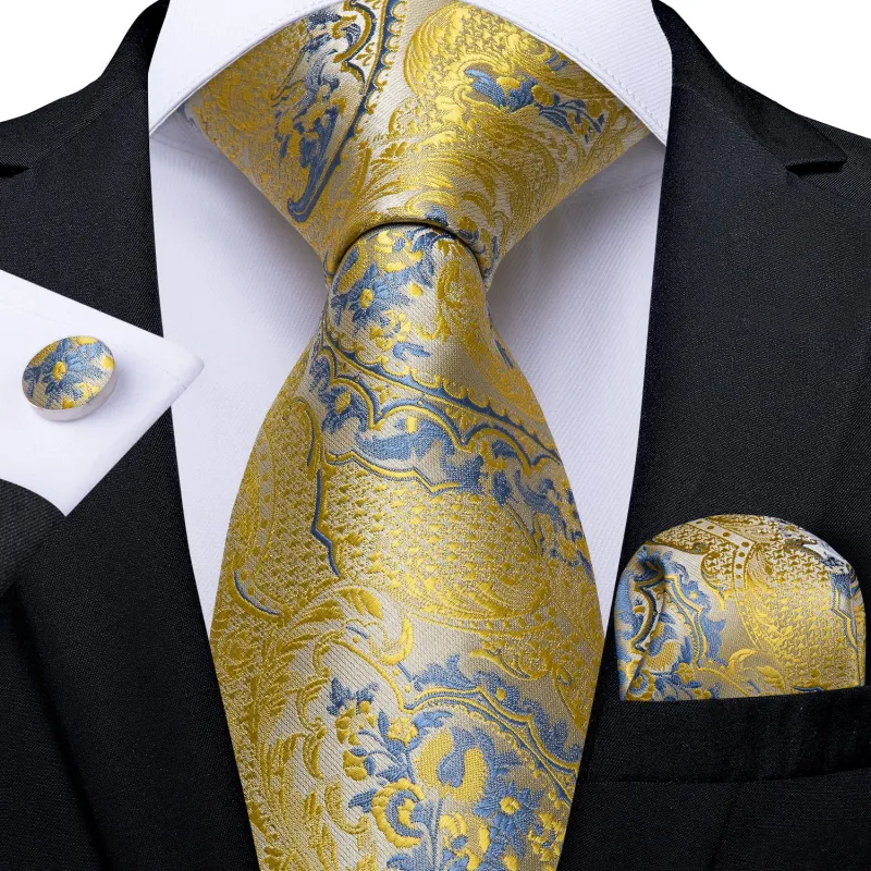 Yellow Blue Floral Men's Necktie Pocket Square Cufflinks Set sold by Ties2You