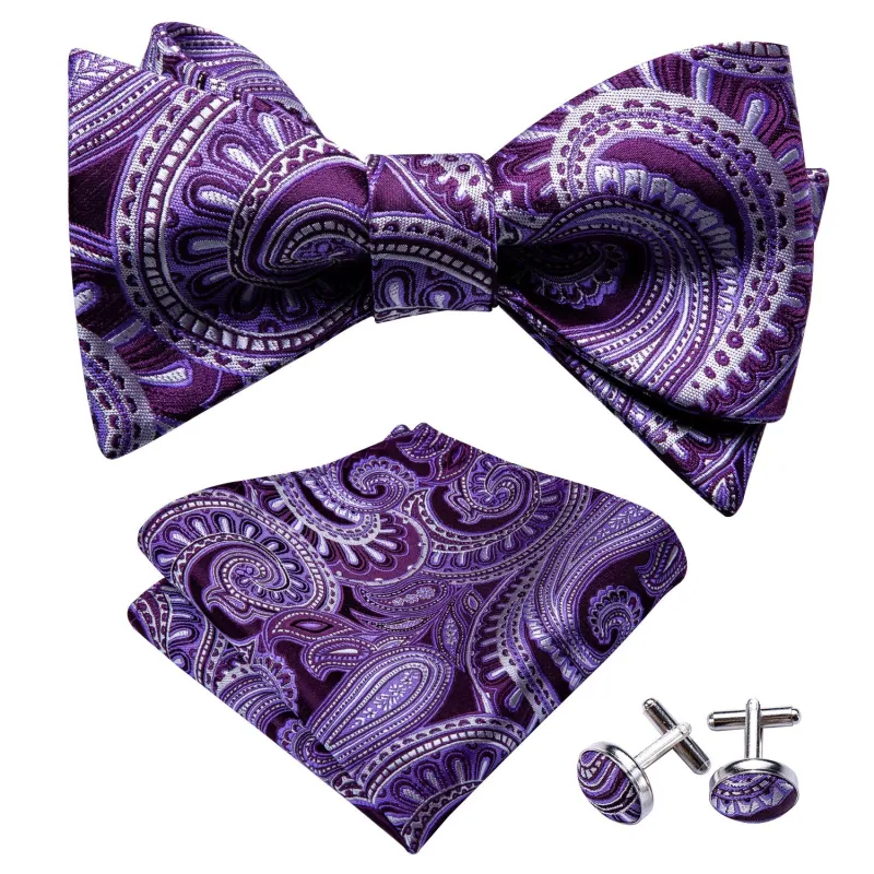 Luxury Purple Paisley Self-tied Bow Tie Pocket Square Cufflinks Set sold by Ties2You