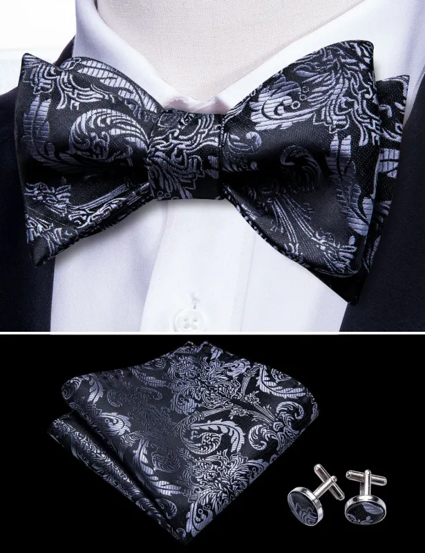 Luxury Black Silver Paisley Self-tied Bow Tie Pocket Square Cufflinks Set sold by Ties2You
