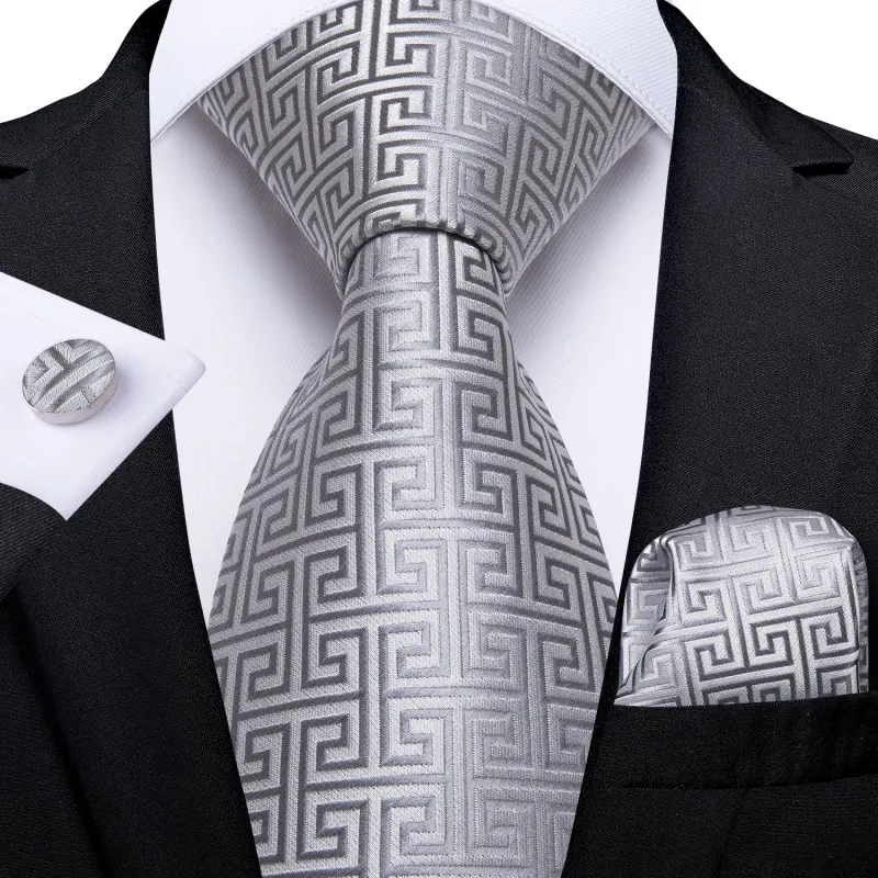 Men's Silver Plaid Tie Handkerchief Cufflinks Set sold by Ties2You