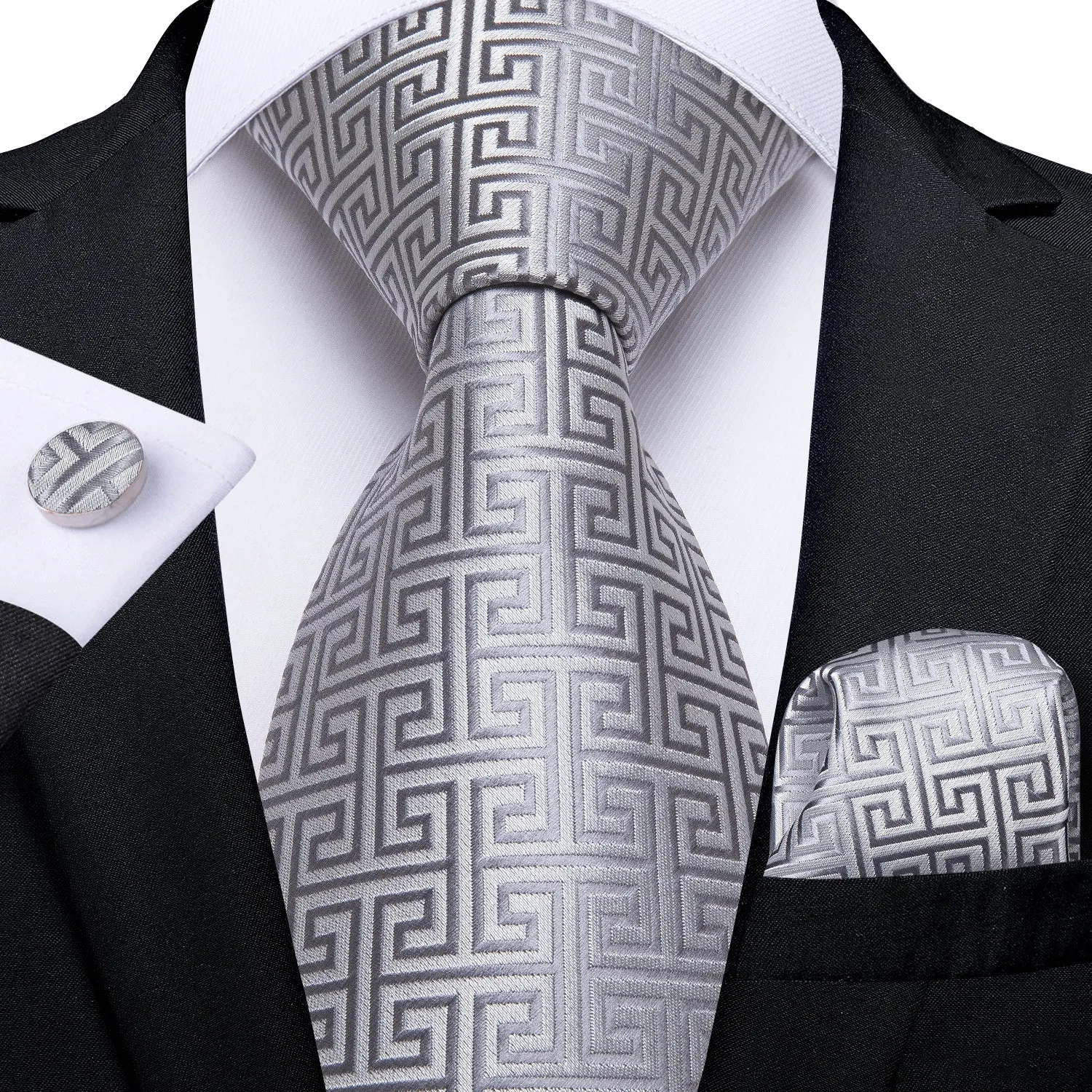 Men's Silver Plaid Tie Handkerchief Cufflinks Set sold by Ties2You
